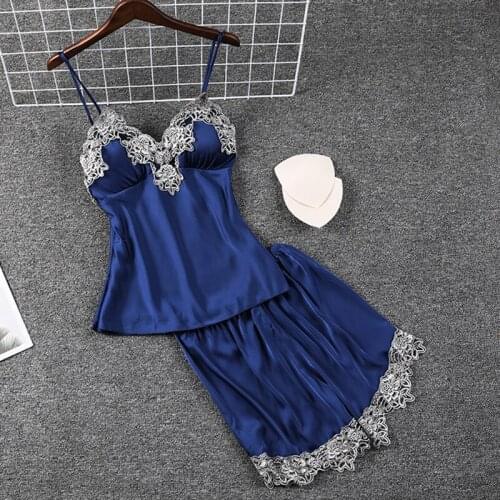 Sexy Ladies Silk Satin Pajama Set Lace Pyjama Set Sleeveless Pijama Set V-neck Sleepwear Summer Homewear Sleepwear