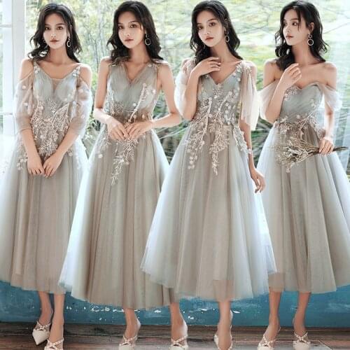 Bridesmaids Dresses Illusion Pleat Spaghetti Straps A-Line V-Neck Appliques Lace Tulle Ankle-Length Lady Wedding Party Gown E371