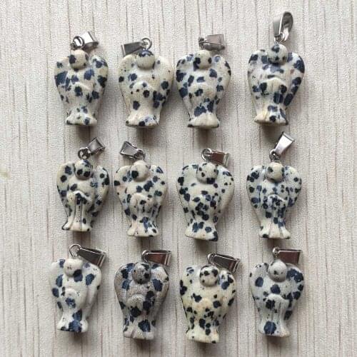 Good quality natural spot stone Carved angel pendants for necklace jewelry making free shipping Wholesale 12pcs/lot
