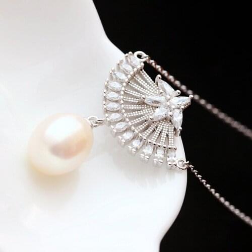 Retro Thai Silver Wholesale Womens New S925 Sterling Silver Necklace Set With Natural Pearl Fan-shaped Pendant Silver Set Chain