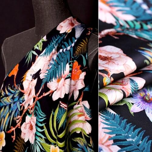 131CM Wide 20MM Floral and Blue Plant Print Stretch Black Silk Fabric for Summer Dress Shirt Scarf Cheongsam Suit E1390
