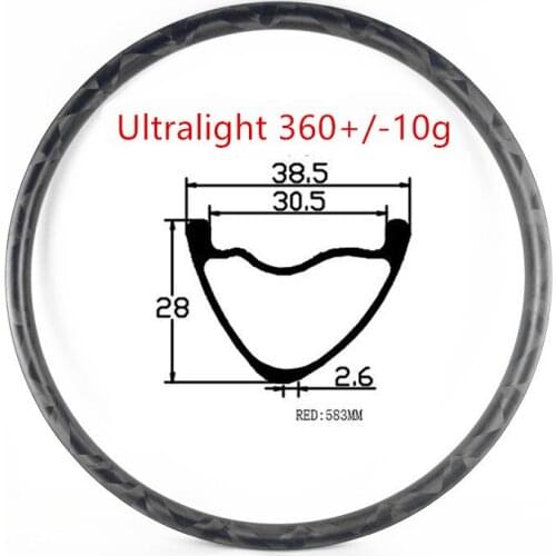 29er carbon mtb rims Ultralight bicycle mtb disc rim 360g 38.5x28mm asymmetric tubeless bow-knot mtb bike rims RED 583mm