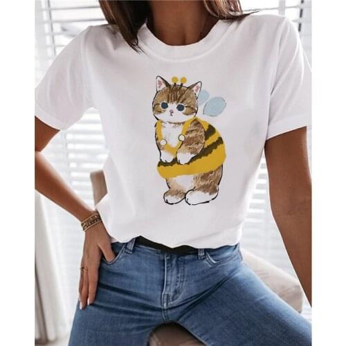 Y2K Cute Kawaii Cat Anime Printed Women T-shirt 2021 Trending Casual Short Sleeve Tops Oversize Basic Tees Summer Clothes Femme