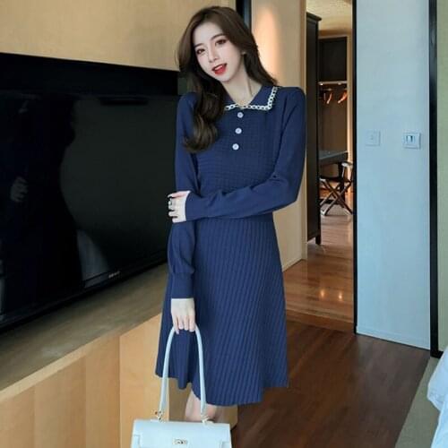 YQJRE Autumn New Product Fashion Blue High Waist Ladies Long Sleeve Knitted Dress
