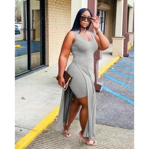 Sexy Womens Dresses Suit Irregular Vest Top Split Imitation Cotton Fashion Leisure Two Piece Set O-Neck Summer 2021