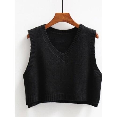 Black Korean Autumn Sleeveless Sweater Women Sweet Solid Color V Neck Knitted Loose Sleeveless Slim Vest Jumpers Pull Cloth