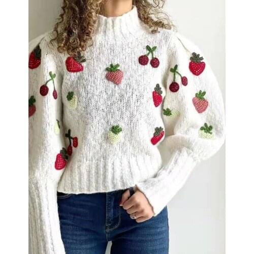 Strawberry Embroidery Women O-Neck Knit Sweater Early Autumn 2021 Ladies Long Sleeve Fresh Knitwear Jumper Female Pullover Tops