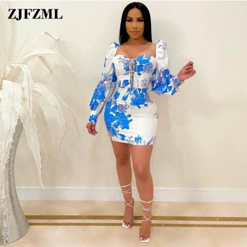 Vintage Style Floral Print Skinny Mini Dress Women Square Collar Long Puff Sleeve Vestido Classy Lace Up Drawstgring Robe Femme