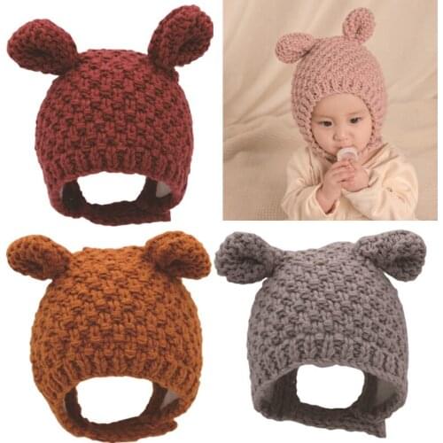 Winter Warm Baby Beanie Cap Ear Protection Knitted Solid Color Hat for Kid Child XXFE