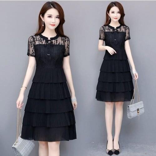 2021 New Fashion Womens Lace Patchwork Chiffon Dress Female Casual Style Summer O-Neck Dresses