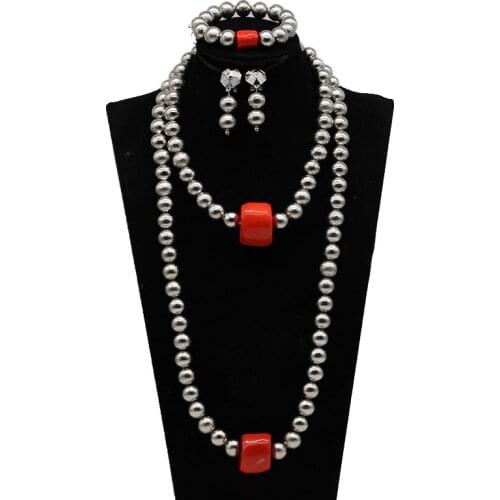 African Beads Wedding Jewelry Set Red Coral Pendant Necklace Jewelry Bride Necklace Bracelet Earrings Set Handmade HXO231
