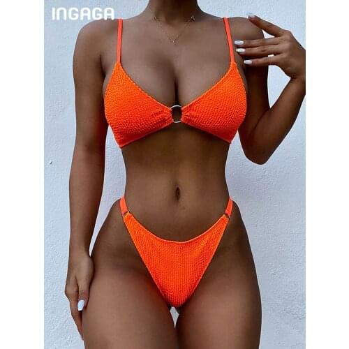 INGAGA Ribbed Bikini Ring Womens Swimwear 2021 Push Up Swimsuits Solid Bathing Suits Sexy High Cut Biquini Summer Beach Wear