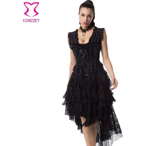 Black Floral Layered Ruffle Lace Victorian Corset Dress Gothic Swallowtail Dresses Steel Boned Corsets Woman Steampunk Clothing