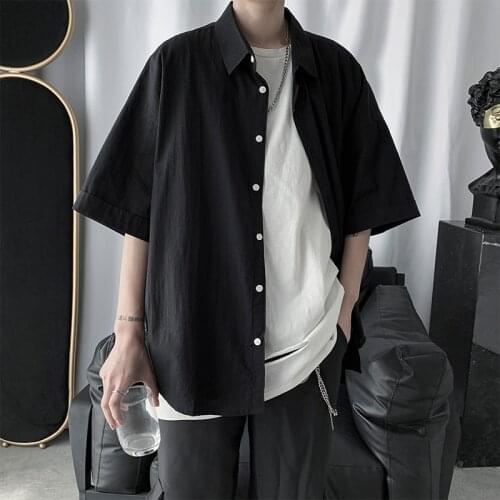 Men Button Up T Shirt Summer Cargo Work Tshirt Short Sleeve Korean Style Harajuku Clothes Male Top Black White Loose Casual