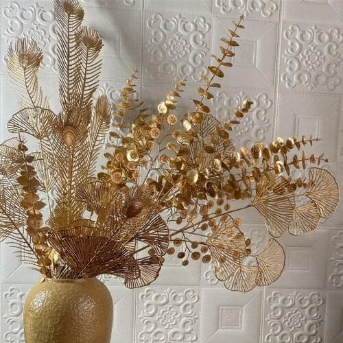 Artificial Plants Golden Plastic Leaf Eucalyptus Maple Leaves Flower Arrangement Material Wedding Christmas Party Home Decor