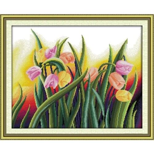Joy Sunday Perfect Tulips Embroidery Needlework Fabric Stamped Pattern 11CT 14CT Printed DIY Counted Home Decor Cross Stitch Kit