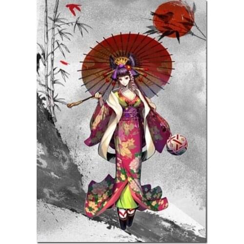 DIY Full Square Round Diamond Painting Japanese Kimono Cartoon umbrella Girl Vintage diamond mosaic for girl room home decor