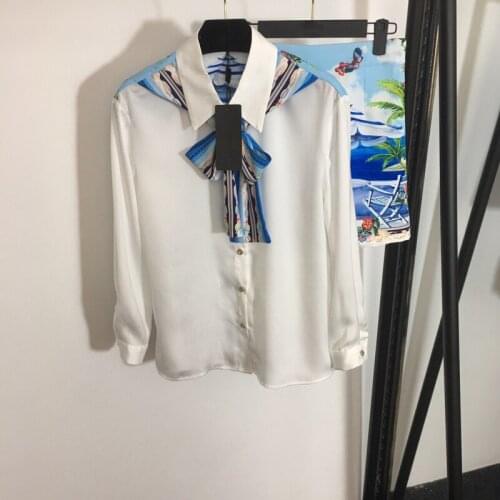 Fashion 8.22 2021 New Bow Lace up Lapel Long Sleeve Shirt + Beach Surf Print Wide Leg Shorts Set Women