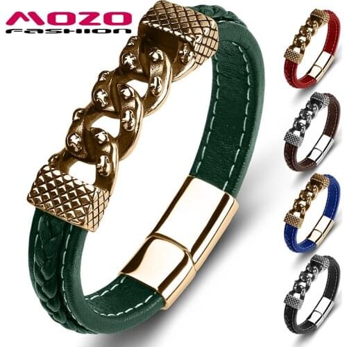 MOZO FASHION Punk Men Skeleton Bracelets Genuine Leather Stainless Steel Charm High Quality Wholesale Jewelry Multicolor 116