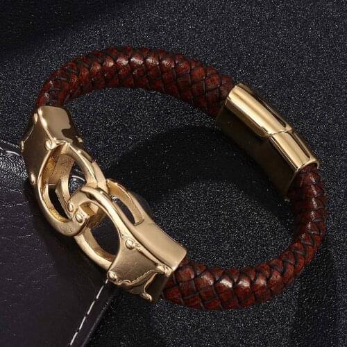 Trendy Men Brown Braided Genuine Leather Bracelet Punk Jewelry Stainless Steel Handcuffs Magnetic Clasp Charm Wristband SP0762