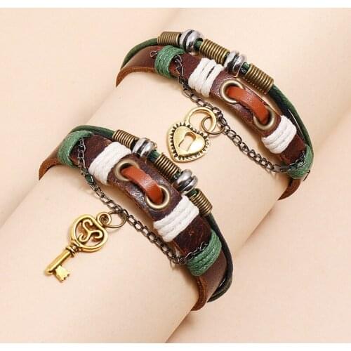 Fashion Retro Key And Lock Alloy Accessories Pendant Leather Cord Woven Men and Women Couple Bracelet Gift