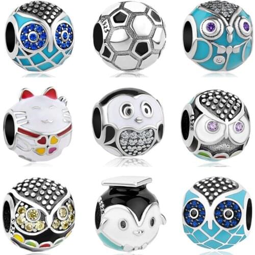 2019 new 1pc 925 sterling silver owl penguin lucky cat football diy bead Fit Pandora Charms Bracelet original for women F097