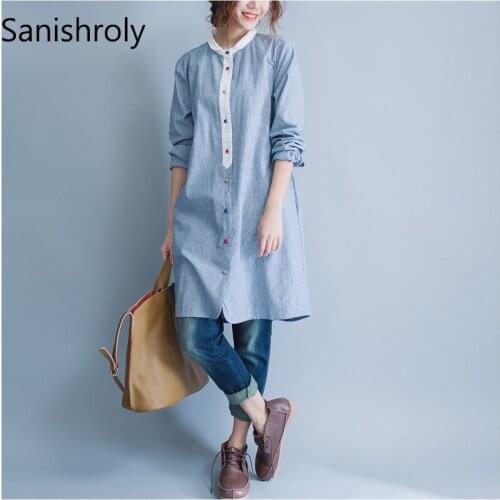 Sanishroly 2018 New Spring Women Blue Shirt Dress Casual Loose Striped Dresses Female Long Sleeve Shirts Vestidos Plus Size S077