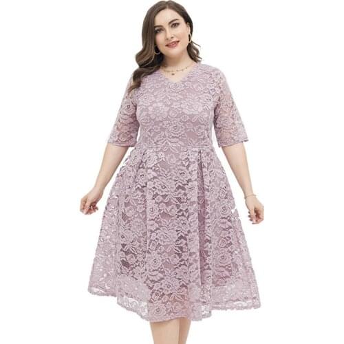 2021 New Women Plus size Dress Solid Purple half Sleeve Larges Big Plussize V-neck Clothes clothing Casual Wear For Female Suits