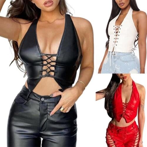 New Summer Women Halter Vest Sexy Lace Up Cardigan Slim Faux Leather Blouse for Party