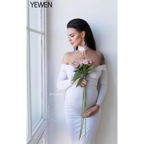 Maternity Baby Shower Dress Photography Props Off-The-Shoulder Full Sleeves Romantic Pregnancy Dress for Photoshooting