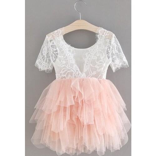 Retail Summer Girls Princess Dress 2020 Thin Eyelash Lace Splicing Yarn Girl Flower Cake Dress Kids Party Dresses back V collar