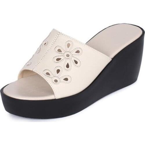 Summer Hot 2020 Newest Hollow Cowhide Thick Bottom Leather Sandals Comfort Non-slip Wedge Sandals Fashion Elegant Women Sandals