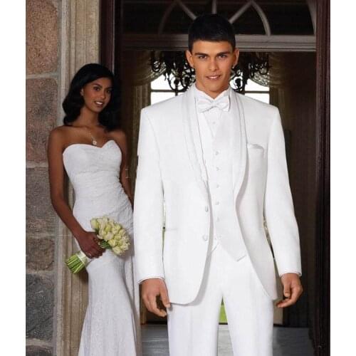 Free EMS/Custom Made White Groom Tuxedos Shawl Collar Groomsmen wedding men suit(Jacket+Pants+Tie+Vest)slim fit dress pants