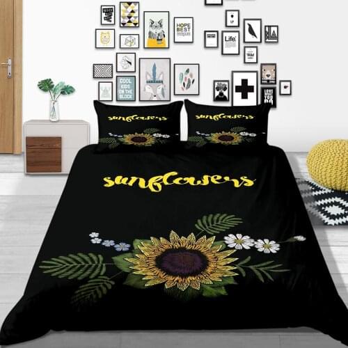 Thumbedding Sunflower Bedding Set King Size Artistic Comfortable Black Duvet Cover Queen Twin Full Single Double Bed Set