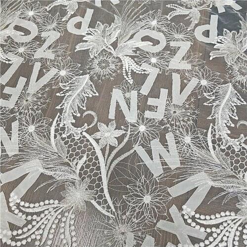Ivory Tulle Fabric With Chiffon Letter Alphabet And Flower Embroidery Fabric For Wedding Dress, Bridal Veils, Girl Dress, Curtai