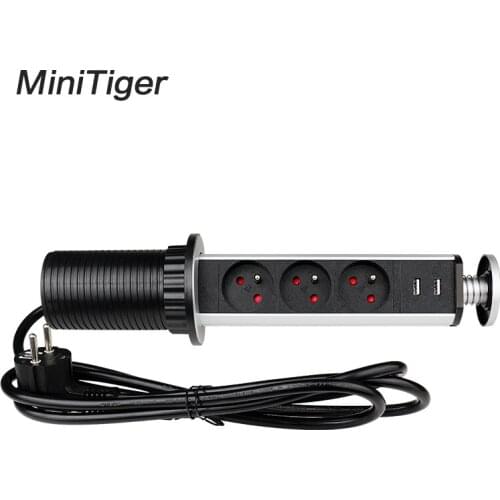 Minitiger French 16A PULL POP UP 3 Power Socket 2 USB Charging Port Kitchen Table Desktop Sockets Retractable Countertops