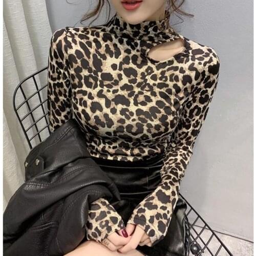 Sexy Hollow Out Leopard Print Women T-shirt Autumn Half Turtleneck Long Sleeve Bottoming Tshirt Casual Party Slim Tees Plus Size
