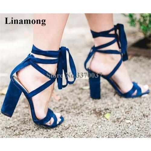 Linamong Women Fashion Open Toe Suede Leather Chunky Heel Sandals Lace-up Strap Cross Blue Beige Thick High Heel Sandals