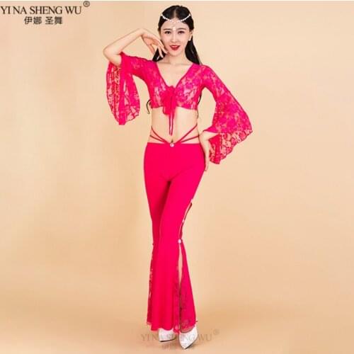Women Lady Belly Dance Costume Set Practice Clothes For Adult Lace Butterfly Sleeve Top Pants Oriental Performance Dancewear