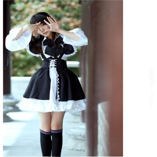 Women Maid Outfit Anime Long Dress Black and White Apron Dress Lolita Dresses Cosplay Costume