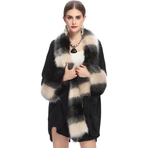 Autumn Winter Ladies Knit Sweater Cardigan Shawl Coat Faux Fox Fur Collar Bat Sleeve Cloak Jacket Large Size Sweater Women