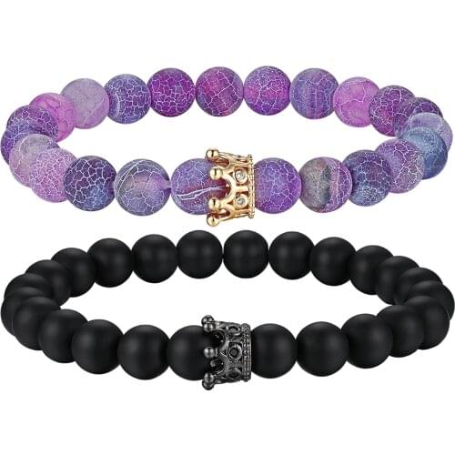 Boniskiss New Arrival Couple Beaded Bracelets Bangles Set Black Matte Agate & White Howlite Natural Stone Crown Queen Bracelet