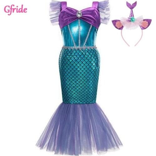 Girls Cosplay Little Mermaid Costume For Kids Christmas Ruffle Sleeve Dress With Headband Child Carnival Birthday Party Clothing