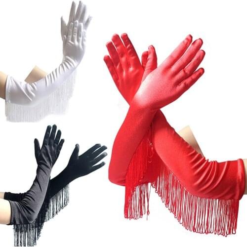Stretchy Long Fringe Gloves Banquet Cocktail Party Opera Mitten Women Sexy Satin Gloves Smooth Satin Gloves Dress Accessory New