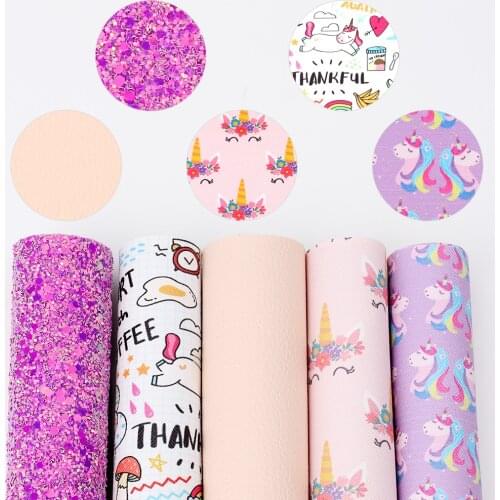 IBOWS 22*30cm 5pcs/set Faux Synthetic Leather Sheets Solid Color Glitter Unicorn Printed Fabric DIY Handmade HairBows bag Sewing