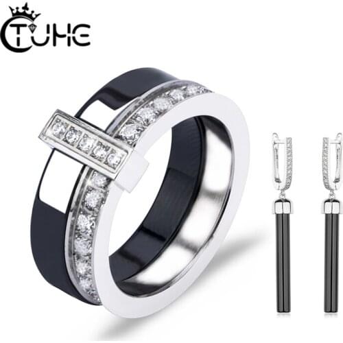 Ceramic Jewelry Set For Women 1 Row Crystal Ceramic Ring With Long Drop Earrings Classic Black White Color For Christmas Gift
