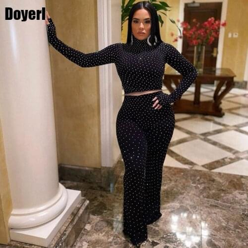 Sexy Glitter Two Piece Set Women Winter Club Birthday Outfits for Women Matching Sets Crop Top and Wide Pants Women Sets Clothes