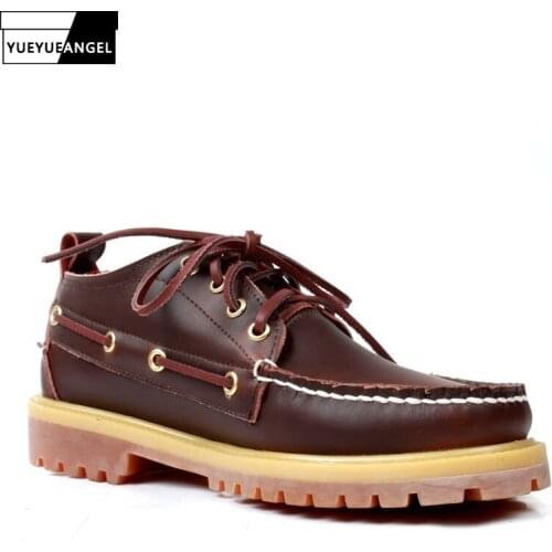 Japan Style Retro Men Shoes Round Toe Lace Up Platform Boat Shoes Genuine Leather Cowhide Loafers Work Casual Shoes Plus Size 46