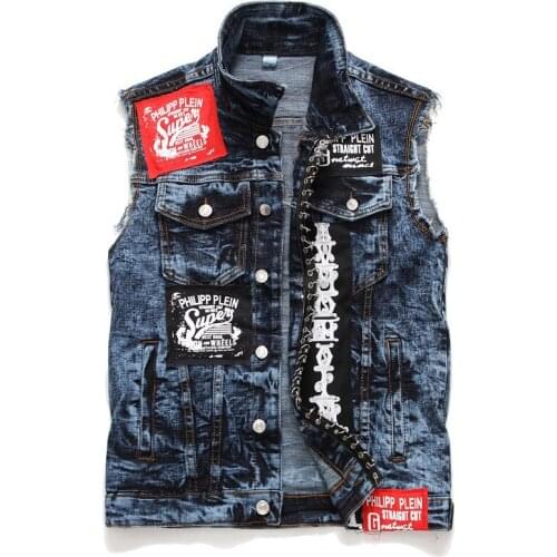 New Mens Denim Vest Mens Washed Blue Button Embroidery Retro Style Denim Vest Jacket