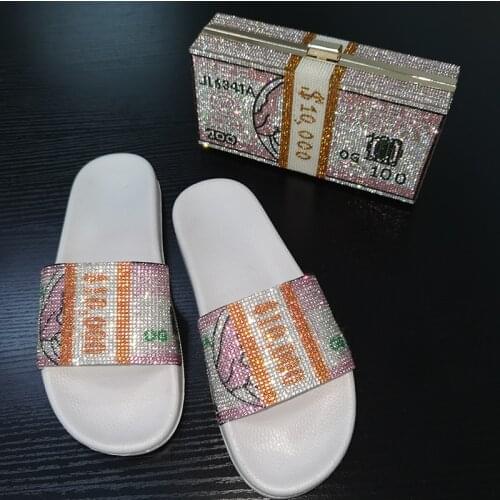 New Women Dollar Rhinestone Slippers and Bag Lady Non-Slip Slides Fashion Bling All-Match Sandals Soft Flat Flip Flops INS Hot